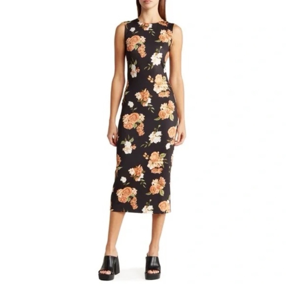 NWT!! WEWOREWHAT Muscle Tank Midi Dress Black Floral Stretch Cottagecore Medium - Picture 5 of 16